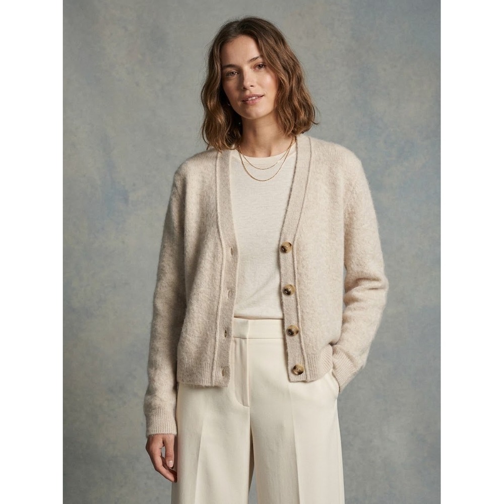 Zara Women Large Beige Fuzzy Knit Button Up V-Neck Cardigan Sweater